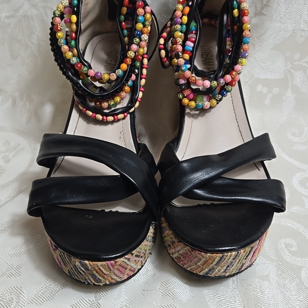 Dream Pairs Colorful Beaded Ankle Black Wedge Sandals - Picture 6 of 9